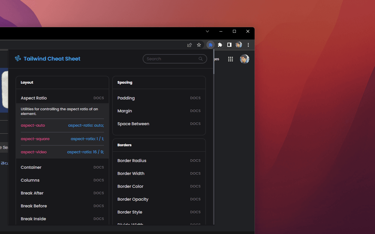 Tailwind Cheat Sheet extension open in Chrome