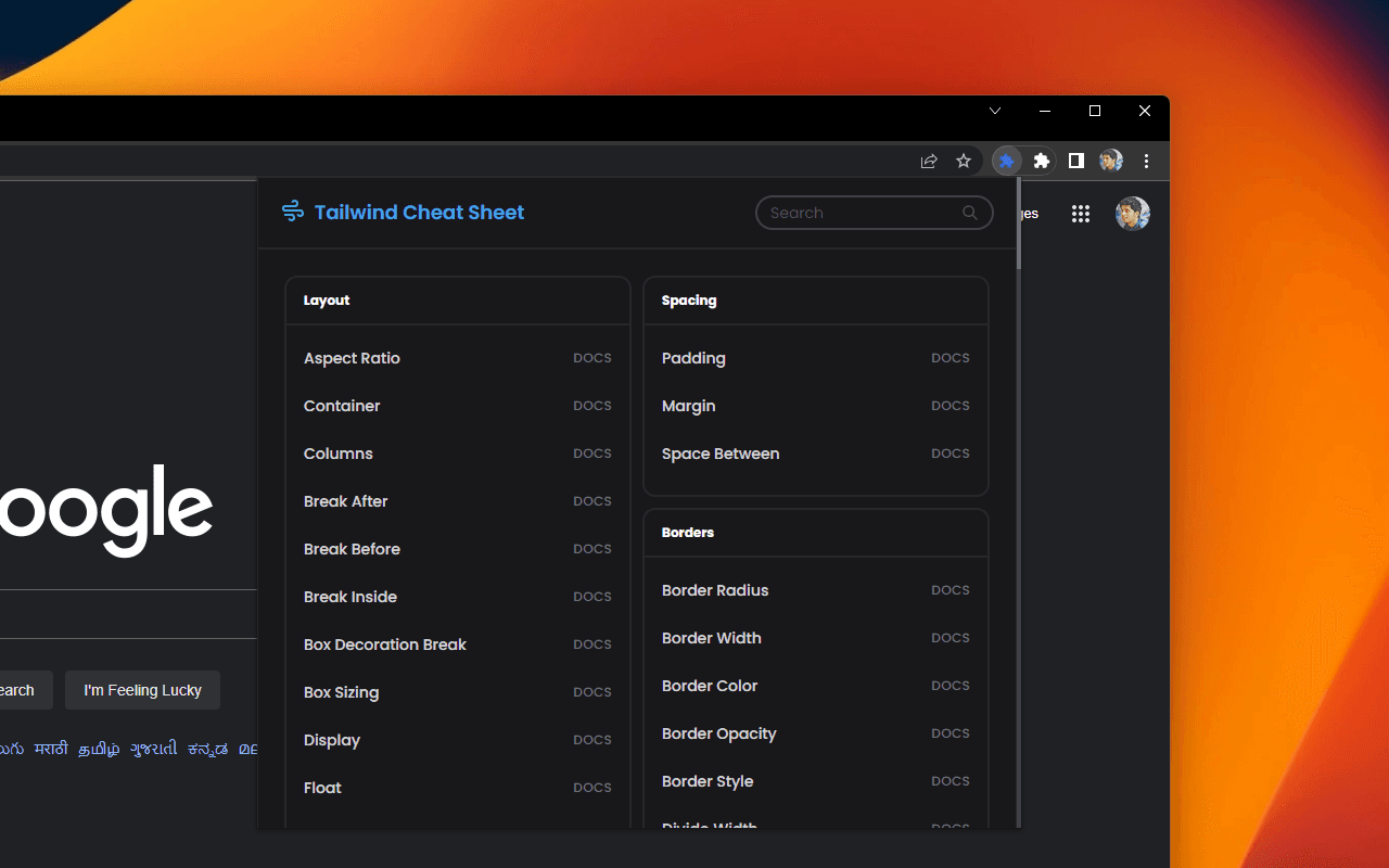 Tailwind Cheat Sheet extension in dark theme